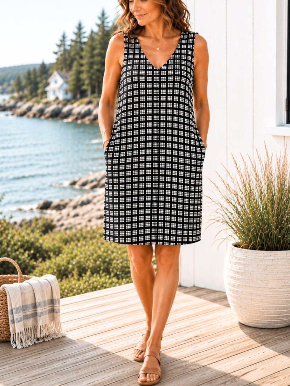 Linen Blend Shift Dress Black White Geometric Print L PocketsCoastal Minimalist